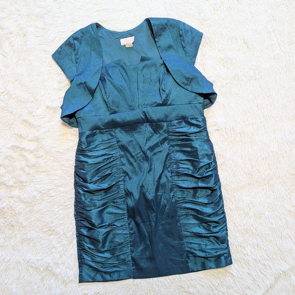 Y2K Vintage Cindy USA Iridescent Aqua Taffeta 2 Piece Cocktail Dress 3XL - Picture 2 of 16